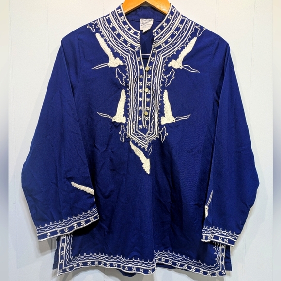 Leandra Crochet Embroidered Top in Royal Blue size Large 70s Birds Boho - Picture 10 of 10